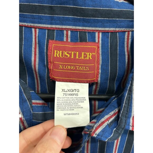Rustler Mens Blue Red Striped Western Shirt Pearl Buttons Long Sleeve Sz XL - Picture 5 of 8